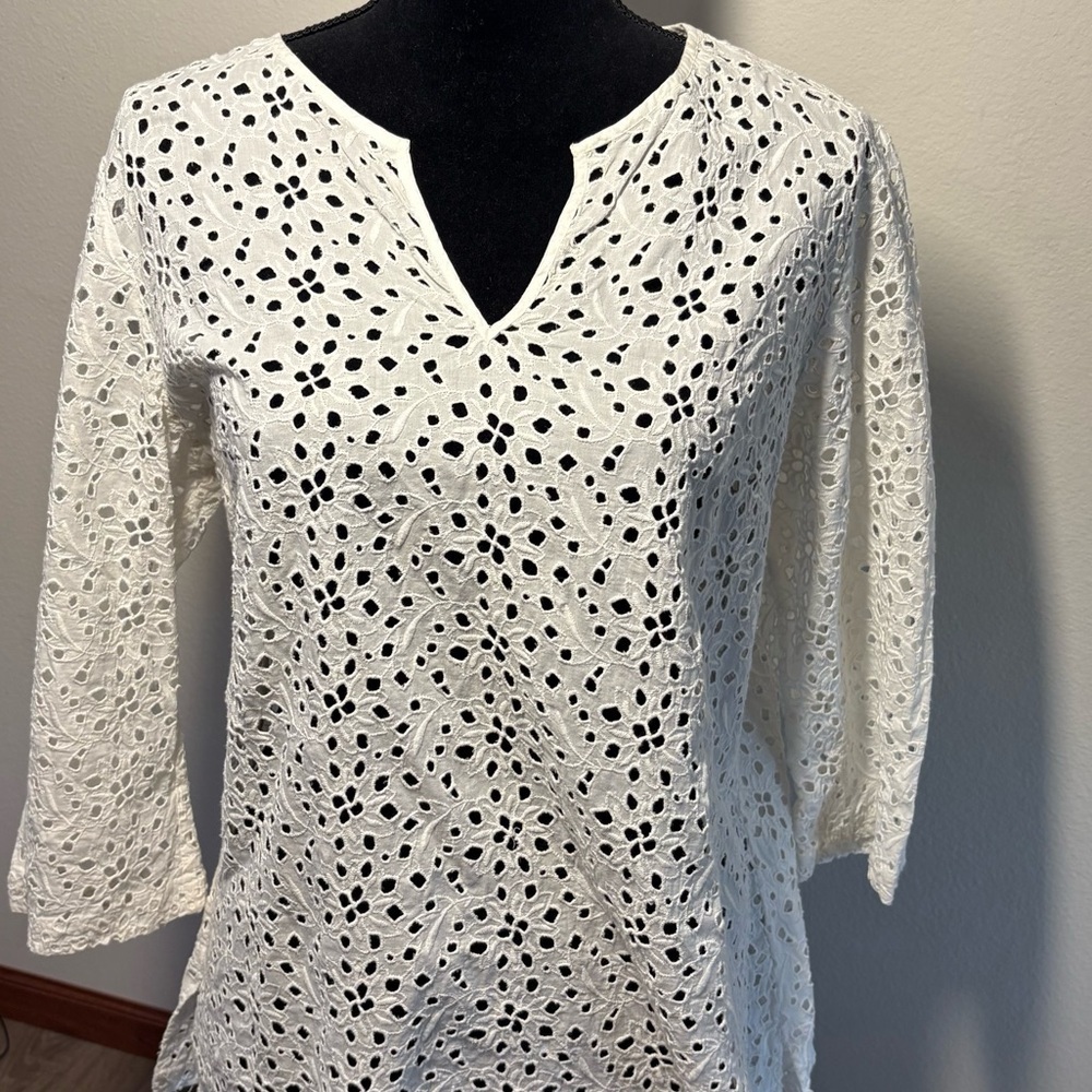 Talbots Womens Eyelet Solid White Cotton 3/4 Sleeve Shirt 16P Tunic Cottagecore 